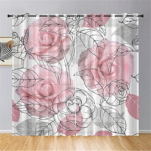 Hiseng Schiebegardinen Voile Vorhang Gardinen 2er Set, Blume Landschaft Sheer Schiebevorhänge Lichtdurchlässig Flächenvorhänge für Wohnzimmer Schlafzimmer Fensterschal (140x244cm,Rose Graffiti)