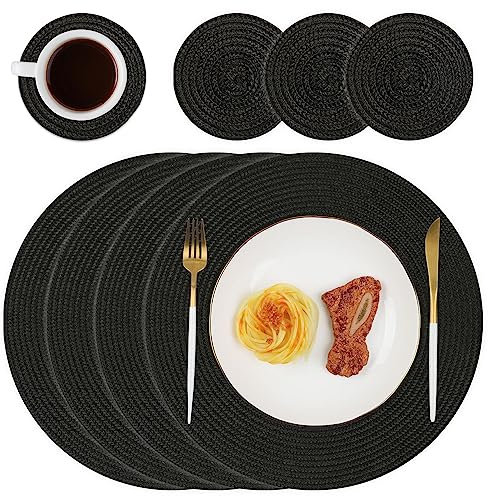Homcomodar Round Placemats and Coasters Set of 4 Washable Woven Table Place Mats Heat Resistant Table Placemat with Coasters for Dining Table(Black)