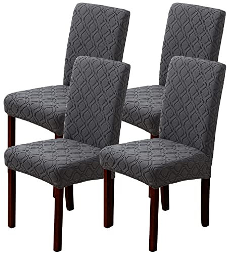 OKYUK Chair Covers, Dining Chair Covers Set of 2/4/6,Elastic Chair Protector Stretch Removable Washable Seat Covers for Dining Room Wedding Banquet Party Decoration (4, Jacquard dark grey)