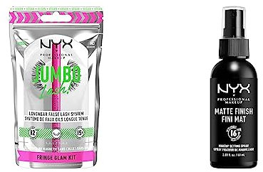 NYX Professional Makeup Système de Faux-Cils, Kit Faux-Cils, Jumbo Lash! Set, Modèle : Fringe Glam & Spray Fixateur Setting Spray Dewy Finish, Spray de Finition, Fini Mat, Formule Vegan, Modèle: Matte