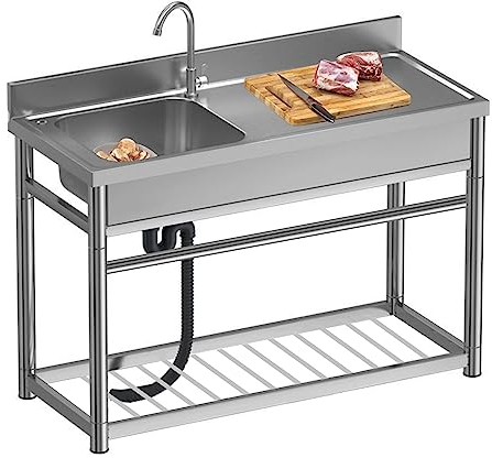 Fregadero de cocina de acero inoxidable con mesa de trabajo, fregadero de un seno para hostelería, fregadero independiente con superficie de trabajo y grifos de agua, fregadero de cocina con soporte