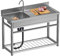 Fregadero de cocina de acero inoxidable con mesa de trabajo, fregadero de un seno para hostelería, fregadero independiente con superficie de trabajo y grifos de agua, fregadero de cocina con soporte