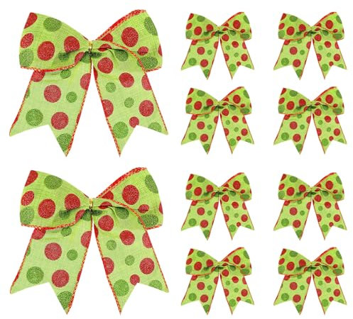 TIESOME Christmas Red Green Bows Decorations, 10 Pcs Large Dot Bows Tie Bows Christmas Wreaths Ornaments Xmas Tree Topper Ornaments Xmas Decor Santa Gift Accessories Decorative 5.9in(Green)
