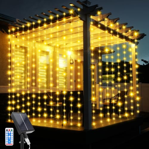 JIMACRO Solar Vorhang Lichterkette, 3Mx3M Solar Lichtervorhang 10 Pcs String Lichter 8 Modi 300 LED Wasserdichte Lichterkette Fernbedienung für Außen Garten Pavillon Balkon Hochzeit Party Deko