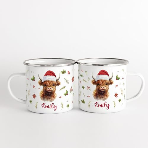 Pink Positive Personalised Highland Cow Christmas Mug Enamel | Highland Cow Mug, Christmas gift