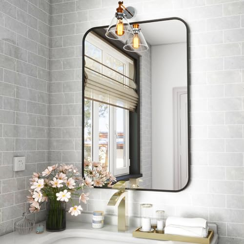 Koonmi Wandspiegel schwarz, 51x71 cm Badezimmerspiegel mit runder Ecke, Morden Spiegel Wand mit Rahmen aus Aluminiumlegierung für Wand montiert horizontal oder vertikal, Schwarz