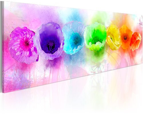 B&D XXL - Tableau décoratif moderne 135x45 cm - Impression sur toile colorée - Décoration murale pour salon et chambre - Bleu rose jaune - Fleurs colorées coquelicots nature plantes 020110-78