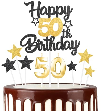 Black Gold 50th Happy Birthday Candles Cake Toppers Set, Number 50 Candle for Cake, Gold Candles for Women Men Birthday Decorations, Star Cake Toppers for Girls Boys Birthday Party Wedding Anniversary