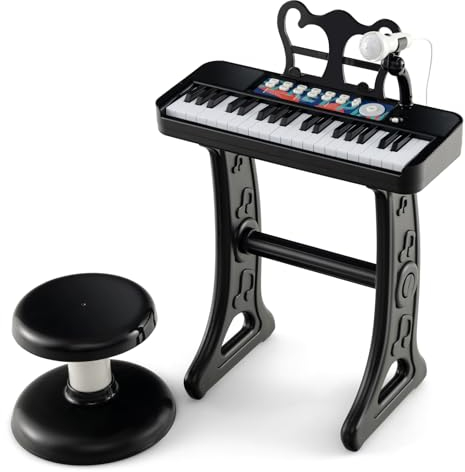 KOMFOTTEU Pianola Bambini Musicale Tastiera, Tastiera Digitale a 37 Tasti, Mini Tastiera con Effetti Luminosi e Microfono, Strumenti Musicali con Sgabello, 22 Battiti/4 Toni/4 Ritmi (Nero)