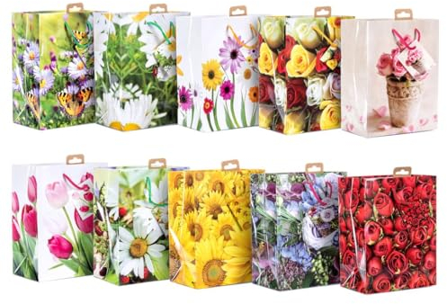 Laro Medium Premium-Line Geschenktaschen Geschenktüten 10-100 Stk Medium Blumen, Anzahl:10, Muster Tüten:Medium Blumen