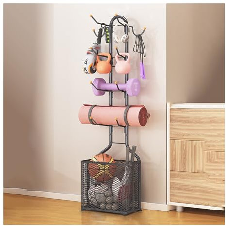Metal Basketball Ball Storage Rack Multi-layer Football Stand Garage Ball Storage Indoor/Outdoor Sports Equipment Multi-function Organizer With Storage Basket (Color : Black)