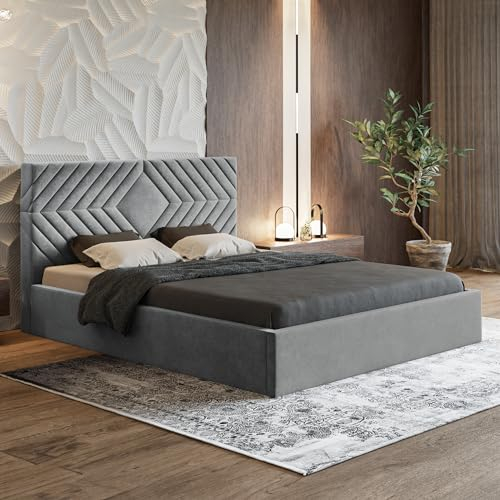 MOTIVENA Eva Polsterbett 180x200 Grau, Polsterbett 180x200 Samt, Polsterbett 180x200 mit Bettkasten, Polsterbett 180x200 mit Stauraum, mit Lattenrost, mit Kopfteil, ohne Matratze, Hellgrau
