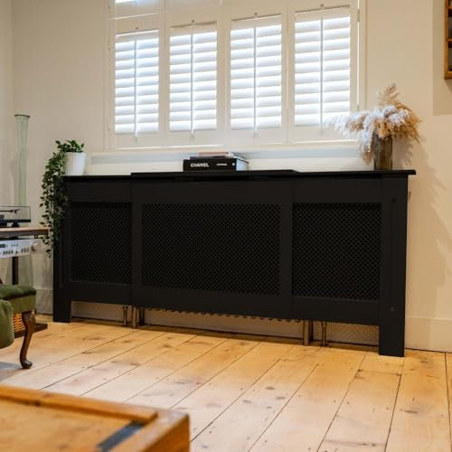 Jack Stonehouse Extra Large Radiator Cover Black Paint - Over Radiator Shelf Clip On With Diamond Slats - Sturdy MDF Wooden Radiator Covers For Bedroom Or Living Room Furniture - Slim Radiator Cover