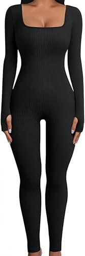 Yaaapiy Sport Jumpsuits für Damen Eng Langarm Jumpsuit Nahtloser Overall Elastischer Bodysuit Figurformender Einteiler Sexy One Piece Bodycon Outfit für Yoga Fitness Gym