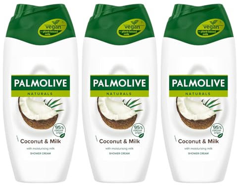 Palm - olive Naturals Coconut and Milk Shower Cream 250ml x 3 Plant Based Milk Bath Wash Moisturising Soft Skin with Welari Thank You Card | (3pack) (3x250ml)