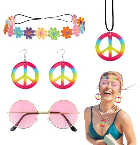 4 Pcs Hippie Costume Set, 70s Accessories for Women, Hippie Accessories | Hippy Glasses Round Pink, Peace Sign Necklace Earrings Rainbow, Flower Crown Hippy Headbands for Festival
