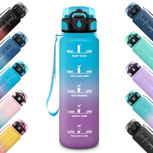 HoneyHolly Trinkflasche Sport, 1L, Wasserflasche, Zeitmarkierung und Motivierende, Kohlensäure Geeignet, Filter, für Fahrrad Outdoor Yoga Gym Fitness
