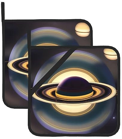 Quadratische, hitzebeständige Topflappen mit Saturn-Bild, 20,3 x 20,3 cm, hochwertige Stoffe, verbrühungsfrei und leicht zu reinigen, 2 Stück