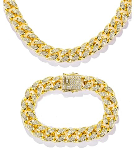 Bieiyhe Cuban Link Chain Iced Out Kette Herren Necklace Ice Out Tennis Chain Bling Diamant Kette Armband Miami Kubanische Kette Diamond Chain Men Hip Hop Jewelry Set Halskette Gliederkette Gold