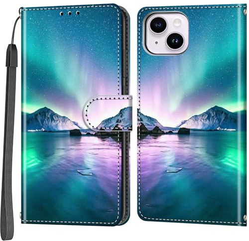 Salanheo Wallet Case for iPhone 14 Plus, Ocean and Aurora | Card Slots, Kickstand, Shockproof, Magnetic Closure, PU Leather, Flip Wallet Book, Lanyard Strap