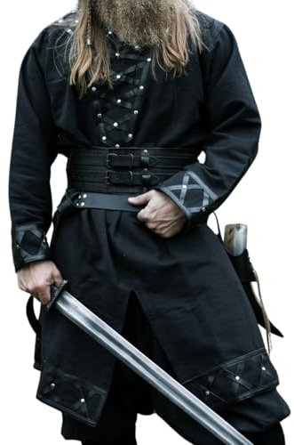 Leonardo Carbone® Wikinger Tunika Erik ? Mittelalter Kleidung Herren, Freizeithemden Kurzarm, Karneval Kostüm, Wikinger Tunika, LARP-Kleidung - 100% Baumwolle mit Leder Applikationen Schwarz L
