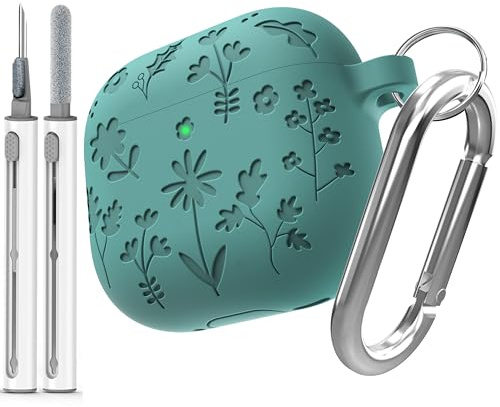 DamonLight Flora Gravierte Hülle für AirPods 4 Hülle, stoßfeste Schutzhülle aus Silikon mit Schlüsselanhänger für Apple Airpods 4. Generation 2024 (Waldgrün)