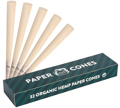 Granny's® Premium Hanf Cones 32 Stück | 109mm King Size Hülsen | Konisch gedreht | Aus Papier | Vorgerollte Kegeltüten | Fertig zum Befüllen | Grannys Cones