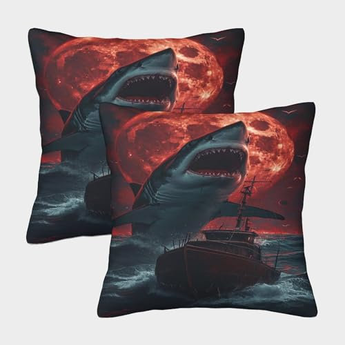 RJAVAGFZL Great White Shark Kissenbezug 2er Set Kissenbezüge Wohnzimmer Kissenhülle Sofakissen Polyester Polster Textil Für Sofa Stuhl Bett Garten Zierkissen 40x40cm