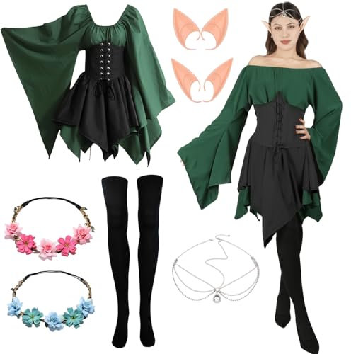 Mittelalter Kleidung Damen, Traditionelles Irisches Kleid Waldfee Kostüm Damen Renaissance Kleid Damen Gothic Kleidung Damen mit Elfenohren Haarschmuck Kranz Overknee Socken für Karneval Cosplay