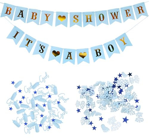 Baby Shower Konfetti und Banner Set - Dekoration für Babyparty, Junge Blau, It's a Boy Banner für Gender Reveal Party