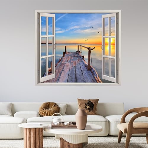 GRAZDesign Wandtattoo Fensterblick Fenster See mit Steg Wandsticker Bild Wandaufkleber Wall Sticker Wohnzimmer Schlafzimmer - 65x57cm