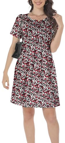 GRECERELLE Womens Summer Mini Dress Casual Short Sleeve Crew Neck Pleated Dresses with Pocket for Ladies (Black Red Flower, M)
