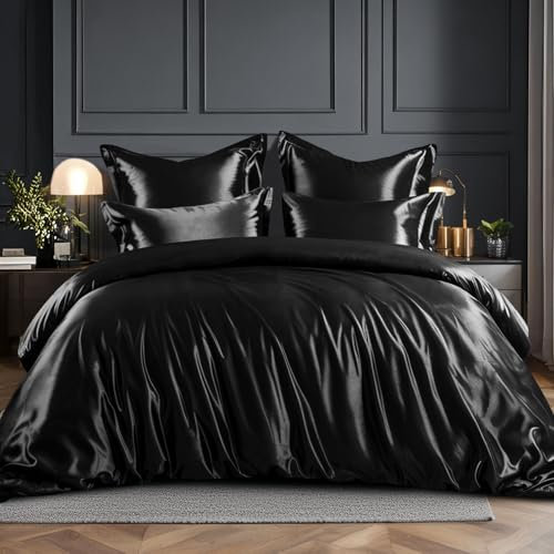 RUIKASI Satin Bettwäsche 220x240 Schwarz - Seidig Luxus Bettbezug mit Glanz wie Seiden Bettwäsche Set für Haar und Haut, Glänzend Bettwäsche 220x240cm mit Reißverschluss und Kissenbezug 80x80cm