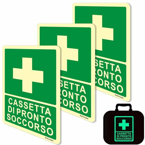 Ashoaza 3 Pezzi Auto-Luminosa per CASSETTA DI PRONTO SOCCORSO Cartello, Adesivi Cassetta Pronto Soccorso in Vinile Autoadesivo Anti graffio Anti UV impermeabile, (Autoilluminata Cm 20 x 15)