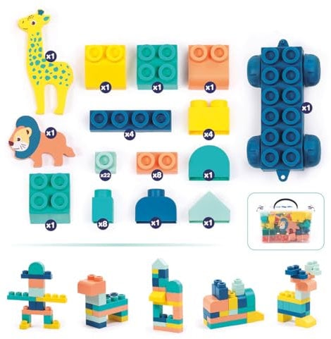 Ludi - Mattoni, le mie prime costruzioni - Set di mattoni morbidi - 53 pezzi - Giocattolo educativo per abilità motorie e immaginazione - Valigia portaoggetti inclusa - Da 12 mesi