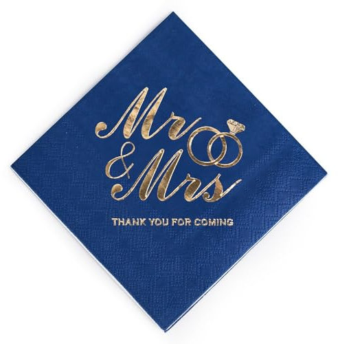 Whakano 100 Stück Deko Servietten Mr.& Mrs,Hochzeitsservietten 3-Lagig,Papierservietten 12,7x12,7 cm,Papier Napkins,Einweg Servietten für Hochzeit Zeremonie,Hochzeitsfeier,Jubiläum,Blau
