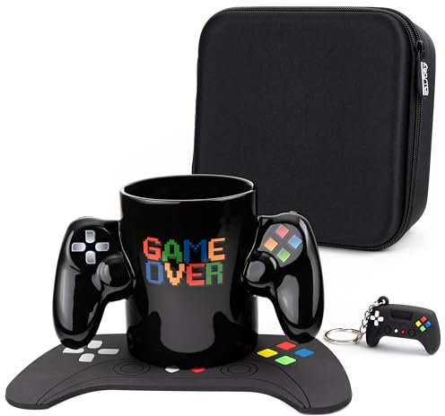 Froster Coffret Cadeau pour Gamer, Tasse Gamer Game Over, 3D Tasse Jeux Vidéo, Gaming Porte-clés et Dessous de Verre, Mug Manette 350 ML, Gadget pour Ado, Joueur