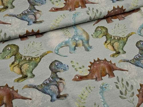 Baumwolljersey Stoff Kinder Fahrzeuge & Tiermotive – 94% Baumwolle 6% Elasthan – Öko-Tex Standard 100 – 150 cm breit – Meterware ab 50 cm für Baby- & Kinderkleidung (Dinosaurus)