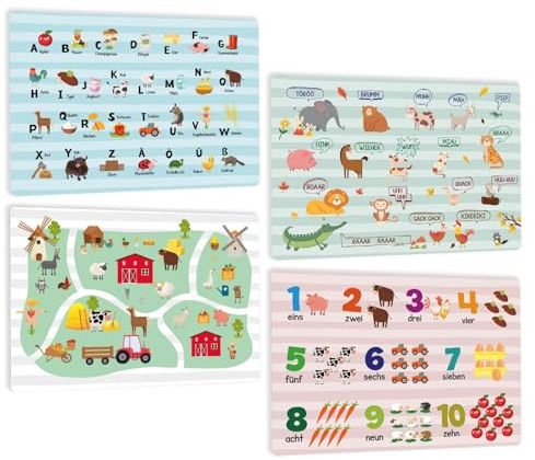 4ER Set - Bauernhof Lern Tischset Abwaschbar Kinder - Tiere Platzsets Schule - Tiergeräusche Platzdeckchen - Deutsch ABC Alphabet Zahlen und Affirmations mit Tier - rutschfest - DIN A3