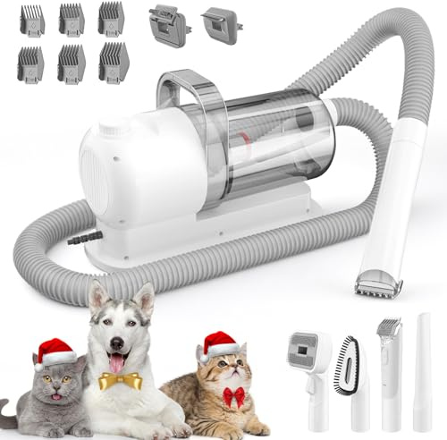 Hundeschermaschine mit Staubsauger 10000Pa, Pet Grooming Kit & Elektrische Schermaschine, mit 2,5L Staubbehälter, 6 Führungskämme, Geräuscharm, Fellpflegebürste & Haarentferner für Hunde & Katzen