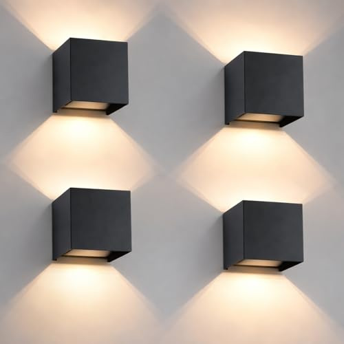 Laittiin LED Wandleuchte Aussen Wandlampe 4ER Aussenlampe Wand Schwarz 5W | Eckig Up and Down Leuchten Innen Außenwandleuchten 3000K Warmweiß Wandlampen Innen für Flur Garten Treppenhaus