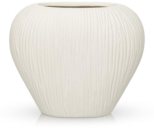 Flache Keramikvase Modern – Schmale Ribbed Vase für Pampasgras & Kunstblumen, Dekovase Keramik für Tisch, Regal & Sideboard, Boho Blumenvasen Wohndeko, Weiß - 17 cm Hohe