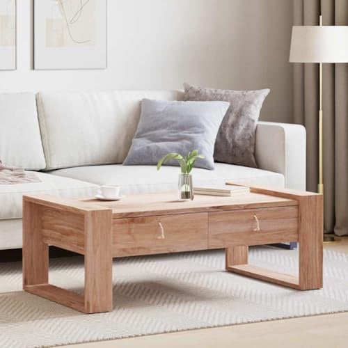 Owoxanthellate Couchtisch 110x60x40 cm Teak Massivholz Kolonialstil 2 Schubladen Beistelltisch fürs Wohnzimmer mit robuster Tischplatte für Living Room & Bedroom