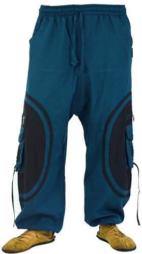 GURU SHOP Goahose, Herren Yoga Hose aus Baumwolle, Olive/schwarz | bequeme Freizeithose, elastischer Bund, tiefes Schritt-Design, Cargo-Pockets, seitliche Taschen