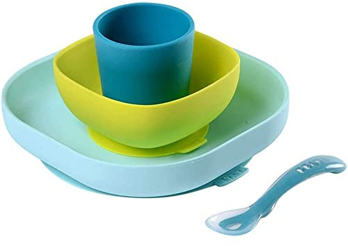 BÉABA, Set Vaisselle Silicone Repas Bébé, Avec Ventouse, Anti-dérapant, 4 Pièces, Assiette + Bol+ Verre + Cuillère, Silicone Saine et Durable, Compatible lave-vaisselle, Micro-onde, Bleu