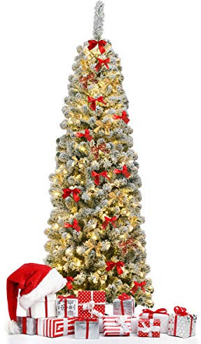 RELAX4LIFE Árbol de Navidad 180 cm con 250 Luces LED Blanco Cálido, Árbol de Navidad Nevado de PVC, Arvore de Natal con Luces Incorporadas, Navidad Decoración (180 cm, 500 Ramas)