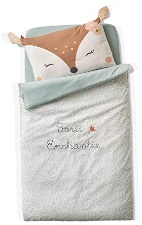 VERTBAUDET Housse de Couette bébé Foret ENCHANTEE écru/Vert d'eau 80X120