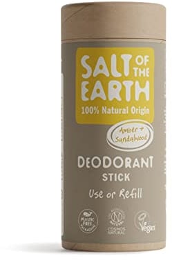 Salt Of the Earth No Plastic Natural Deodorant Stick, Amber & Sandalwood, Refill, Aluminium Free, Vegan, Long Lasting Protection, Leaping Bunny Approved, Made in The UK, 75 g, (Pack of 1)