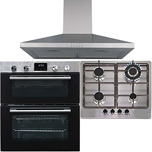SIA 60cm DO111SS Stainless Steel Double Electric Fan Oven, SSG601SS 4 Burner Gas Hob With Cast Iron Pan Stands & CHL60SS Chimney Cooker Hood