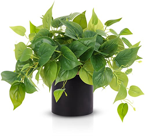 JPSOR Artificial Indoor Plants for Home Decor, 12 inches Pothos in Black Ceramic Pot with Iron Wire, 1 Count